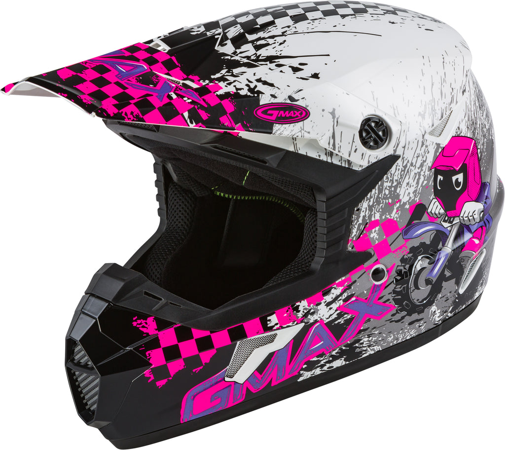 GMAX YOUTH MX-46Y OFF-ROAD ANIM8 HELMET WHITE/NEON PINK/PUR YM G3461781