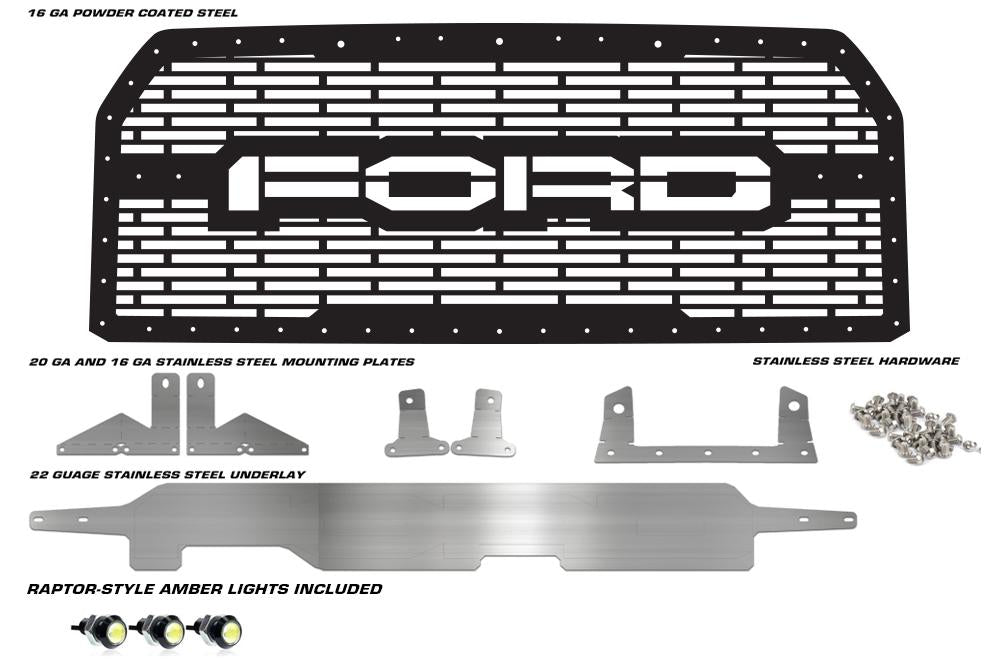 1 Piece Grille with 3 Raptor Style Lights for Ford F150 2015-2017 - FORD w/ SS UNDERLAY-atv motorcycle utv parts accessories gear helmets jackets gloves pantsAll Terrain Depot