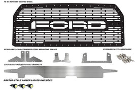 1 Piece Grille with 3 Raptor Style Lights for Ford F150 2015-2017 - FORD w/ SS UNDERLAY-atv motorcycle utv parts accessories gear helmets jackets gloves pantsAll Terrain Depot