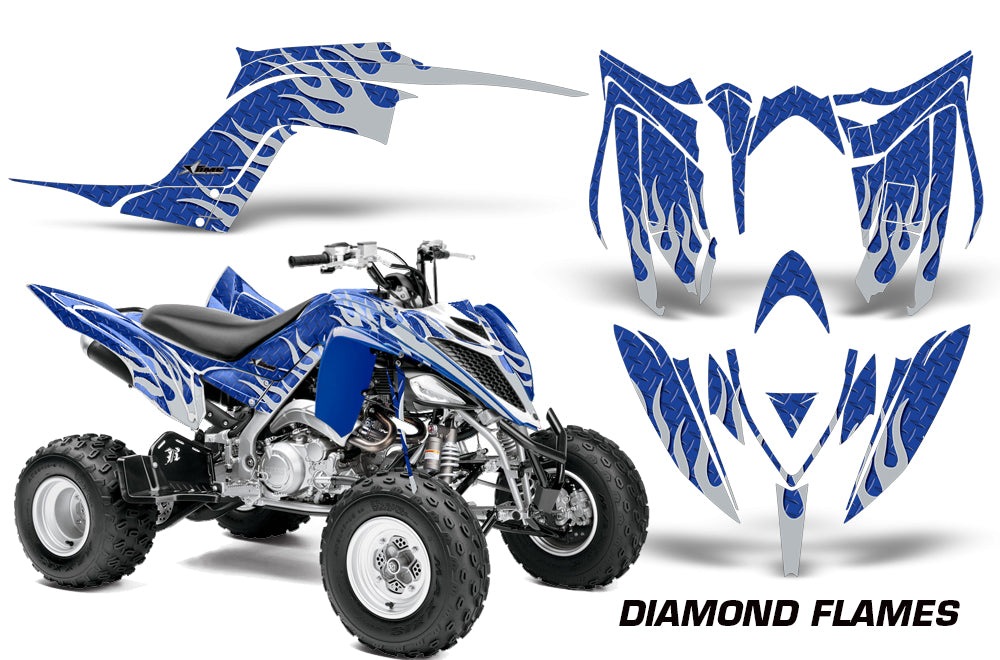 ATV Graphics Kit Decal Sticker Wrap For Yamaha Raptor 700R 2013-2018 DIAMOND FLAMES SILVER BLUE-atv motorcycle utv parts accessories gear helmets jackets gloves pantsAll Terrain Depot