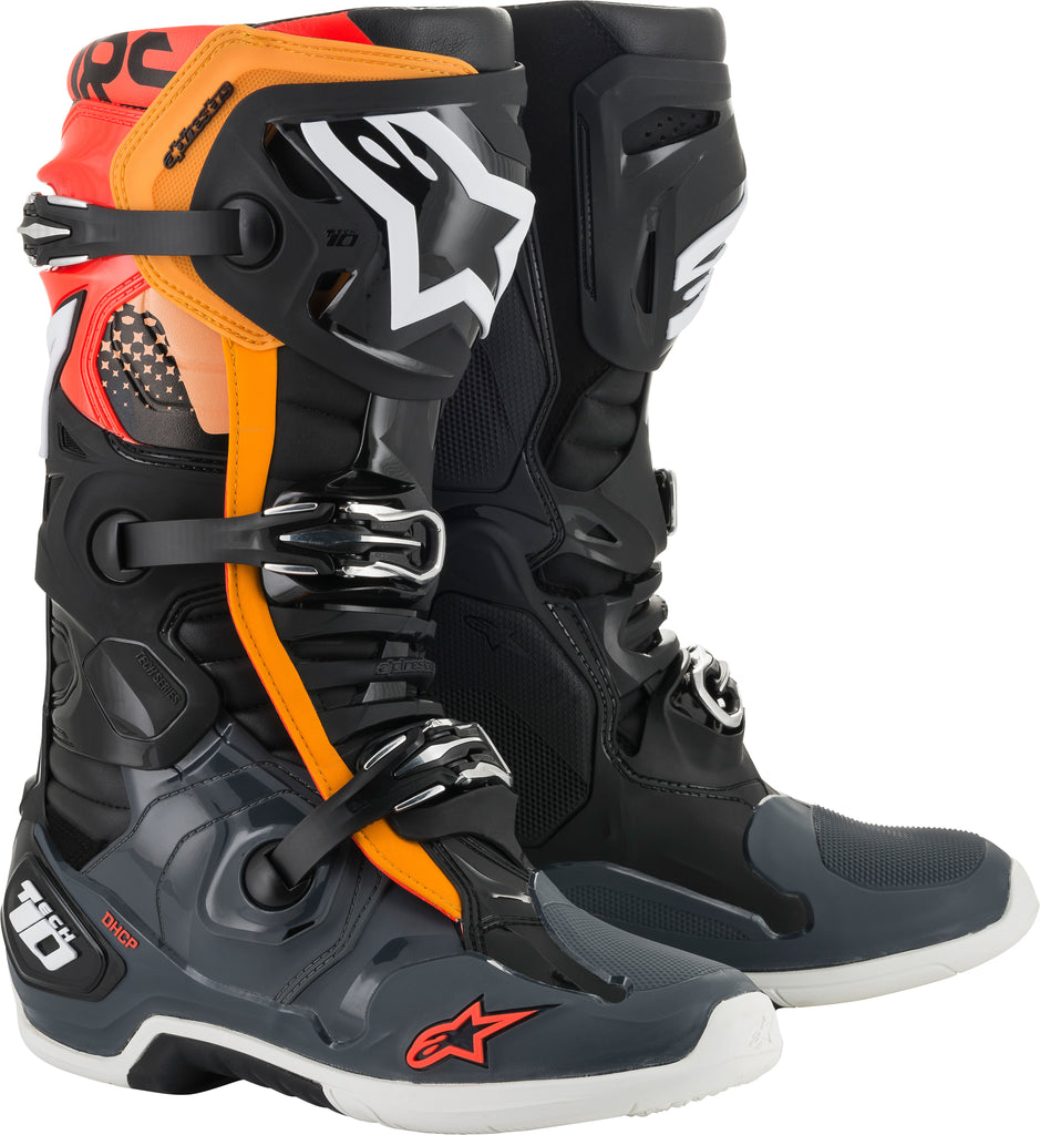 ALPINESTARS TECH 10 BOOTS BLK/GRY/ORG/FLUO RED SZ 08 2010020-1143-8
