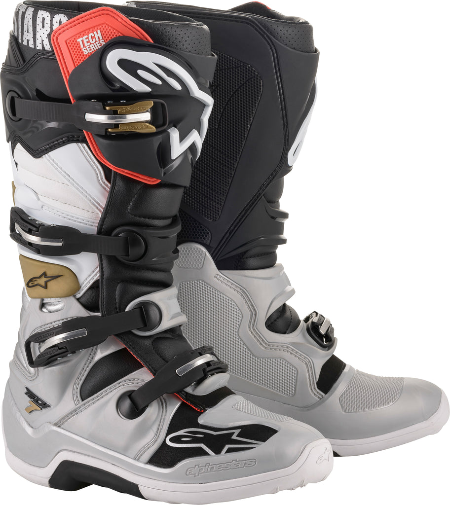 ALPINESTARS TECH 7 BOOTS BLACK/SILVER/WHITE/GOLD SZ 08 2012014-1829-8