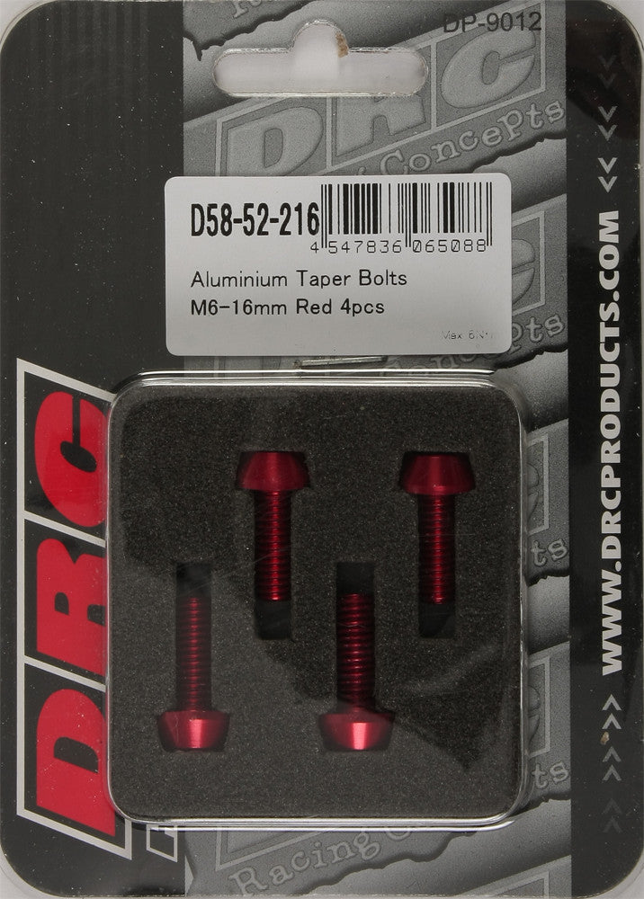 DRC ALUMINUM TAPER BOLTS RED M6X16MM 4/PK D58-52-216
