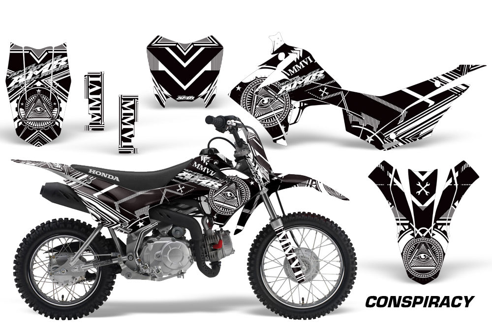 Dirt Bike Decal Graphic Kit Wrap For Honda CRF110 CRF 110 2013-2018 CONSPIRACY WHITE-atv motorcycle utv parts accessories gear helmets jackets gloves pantsAll Terrain Depot