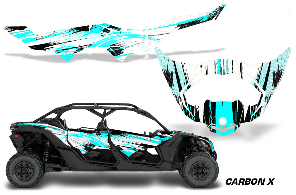 Half Graphics Kit Decal Wrap For Can-Am Maverick X3 MAX DS RS 4D 2016+ CARBONX TEAL-atv motorcycle utv parts accessories gear helmets jackets gloves pantsAll Terrain Depot