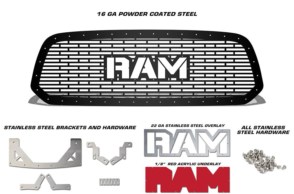 1 Piece Steel Grille for Dodge Ram 1500 2013-2016 - STAINLESS RAM WITH RED ACRYLIC UNDERLAY-atv motorcycle utv parts accessories gear helmets jackets gloves pantsAll Terrain Depot