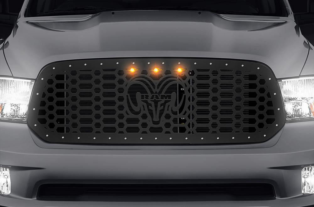 1 Piece Steel Grille for Dodge Ram 1500 2013-2016 - RAM HEAD + 3 Raptor Amber Lights-atv motorcycle utv parts accessories gear helmets jackets gloves pantsAll Terrain Depot