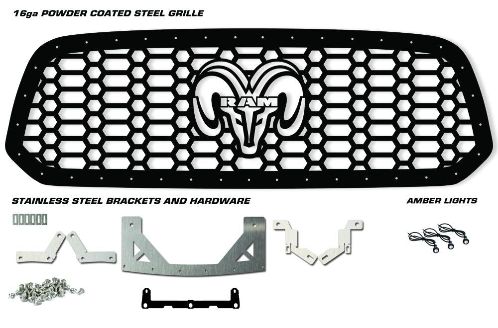 1 Piece Steel Grille for Dodge Ram 1500 2013-2016 - RAM HEAD + 3 Raptor Amber Lights-atv motorcycle utv parts accessories gear helmets jackets gloves pantsAll Terrain Depot