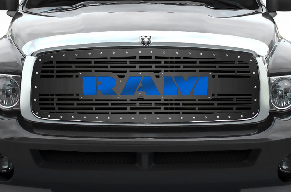 1 Piece Steel Grille for Dodge Ram 1500/2500/3500 2002-2005 - RAM w/ BLUE ACRYLIC UNDERLAY-atv motorcycle utv parts accessories gear helmets jackets gloves pantsAll Terrain Depot