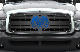 1 Piece Steel Grille for Dodge Ram 1500/2500/3500 2002-2005 - RAM HEAD w/ BLUE ACRYLIC UNDERLAY-atv motorcycle utv parts accessories gear helmets jackets gloves pantsAll Terrain Depot