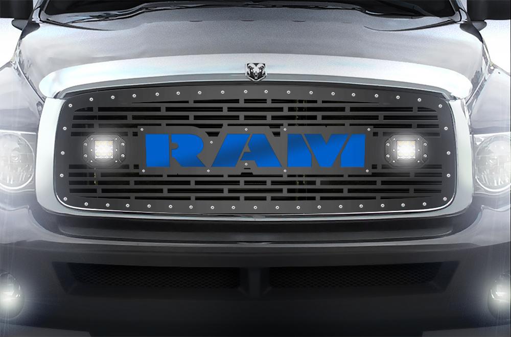 1 Piece Steel Grille for Dodge Ram 1500/2500/3500 2002-2005 - RAM + LED Light Pods + Blue Acrylic-atv motorcycle utv parts accessories gear helmets jackets gloves pantsAll Terrain Depot