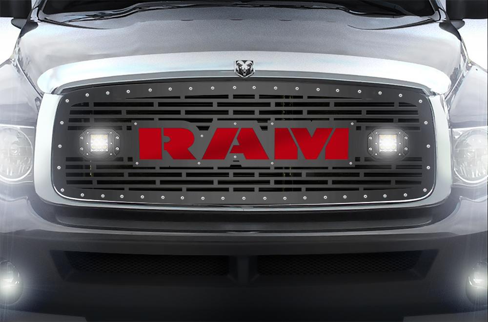 1 Piece Steel Grille for Dodge Ram 1500/2500/3500 2002-2005 - RAM + LED Light Pods + Red Acrylic-atv motorcycle utv parts accessories gear helmets jackets gloves pantsAll Terrain Depot