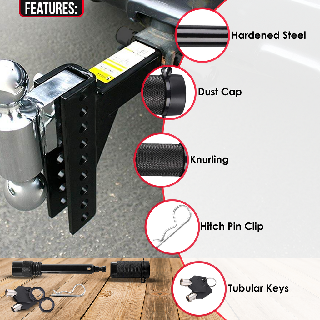 Hawk Motosport 5/8" Hitch Pin Lock Barbell-Style Anti-Rattle Universal Receiver Locking Black