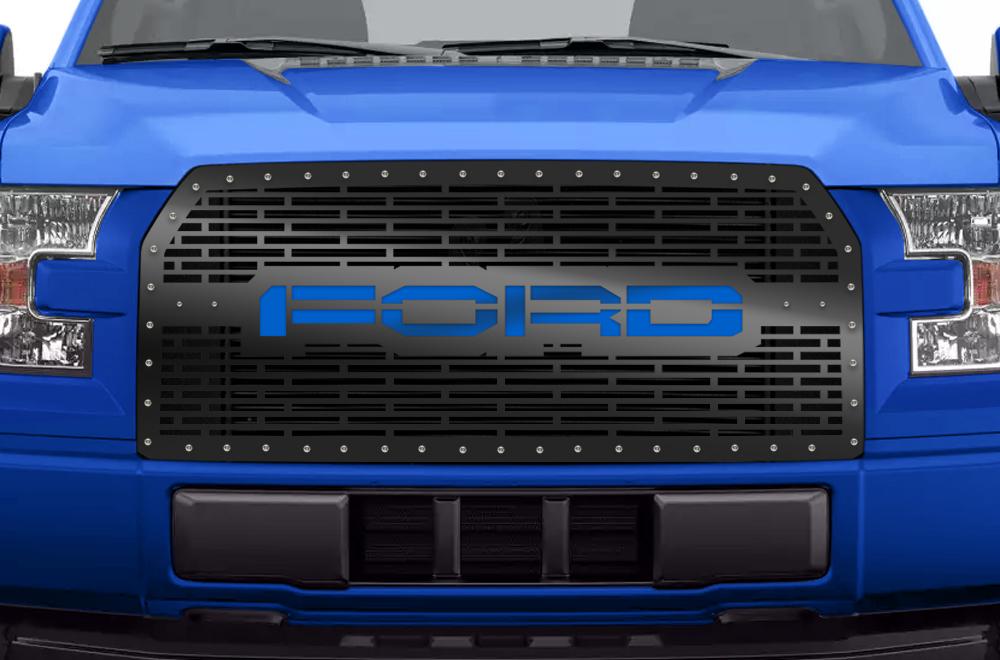 1 Piece Steel Grille for Ford F150 2015-2017 - FORD with BLUE ACRYLIC UNDERLAY-atv motorcycle utv parts accessories gear helmets jackets gloves pantsAll Terrain Depot