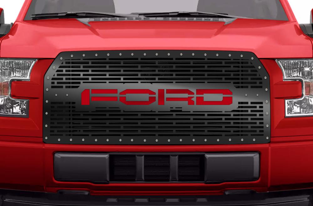 1 Piece Steel Grille for Ford F150 2015-2017 - FORD with RED ACRYLIC UNDERLAY-atv motorcycle utv parts accessories gear helmets jackets gloves pantsAll Terrain Depot