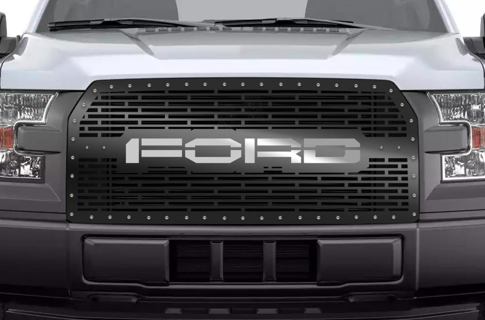 1 Piece Steel Grille for Ford F150 2015-2017 - FORD WITH STAINLESS STEEL UNDERLAY-atv motorcycle utv parts accessories gear helmets jackets gloves pantsAll Terrain Depot