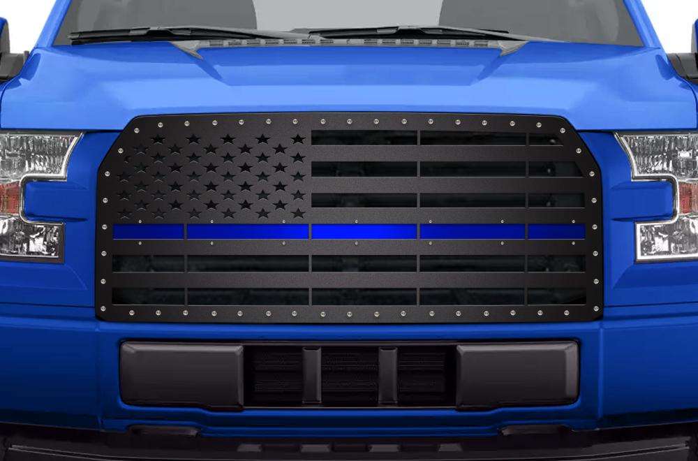 1 Piece Steel Grille for Ford F150 2015-2017 - AMERICAN FLAG with BLUE ACRYLIC UNDERLAY-atv motorcycle utv parts accessories gear helmets jackets gloves pantsAll Terrain Depot
