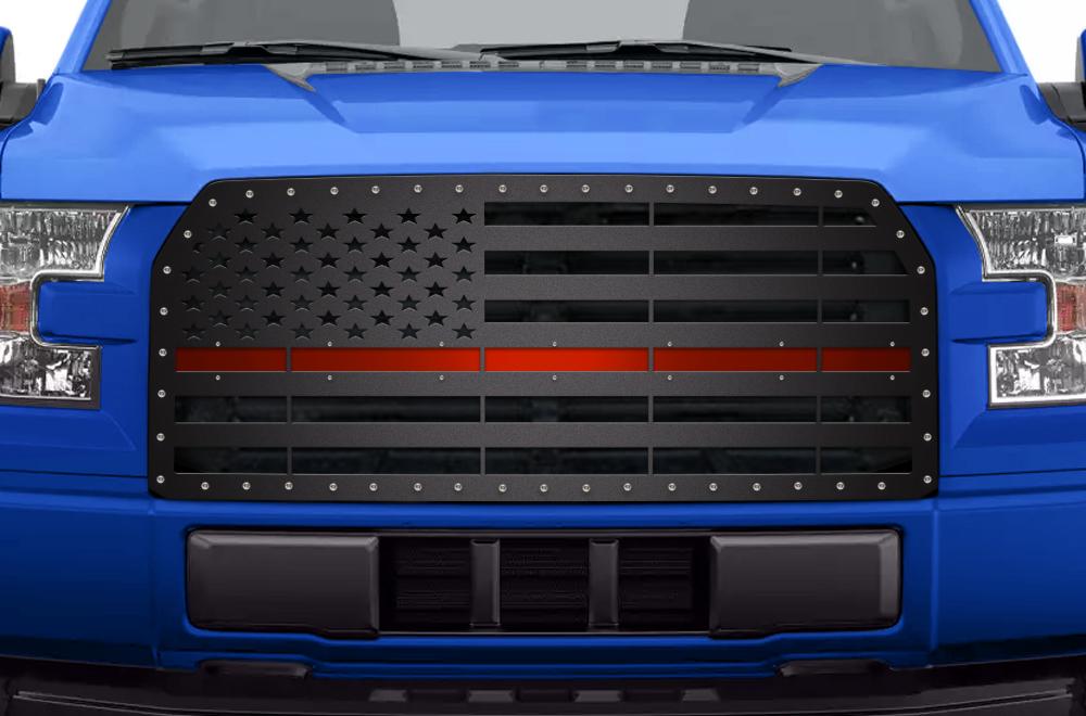 1 Piece Steel Grille for Ford F150 2015-2017 - AMERICAN FLAG with RED ACRYLIC UNDERLAY-atv motorcycle utv parts accessories gear helmets jackets gloves pantsAll Terrain Depot