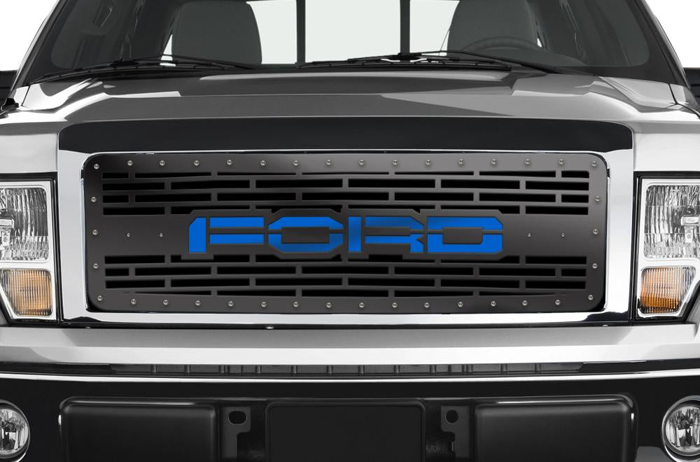 1 Piece Steel Grille for Ford F150 2009-2014 - FORD w/ BLUE ACRYLIC UNDERLAY-atv motorcycle utv parts accessories gear helmets jackets gloves pantsAll Terrain Depot