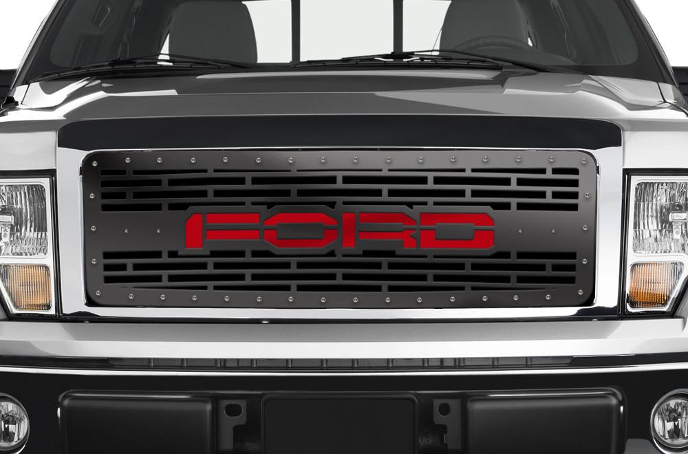 1 Piece Steel Grille for Ford F150 2009-2014 - FORD w/ RED ACRYLIC UNDERLAY-atv motorcycle utv parts accessories gear helmets jackets gloves pantsAll Terrain Depot
