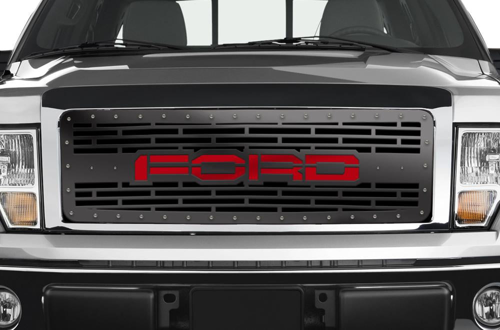 1 Piece Steel Grille for Ford F150 2009-2014 - FORD w/ RED ACRYLIC UNDERLAY-atv motorcycle utv parts accessories gear helmets jackets gloves pantsAll Terrain Depot