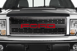 1 Piece Steel Grille for Ford F150 2009-2014 - FORD w/ RED ACRYLIC UNDERLAY-atv motorcycle utv parts accessories gear helmets jackets gloves pantsAll Terrain Depot