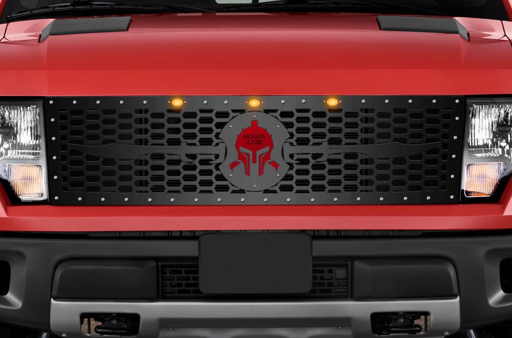 1 Piece Steel Grille for Ford Raptor SVT 2010-2014 - SPARTAN WITH RED ACRYLIC UNDERLAY-atv motorcycle utv parts accessories gear helmets jackets gloves pantsAll Terrain Depot