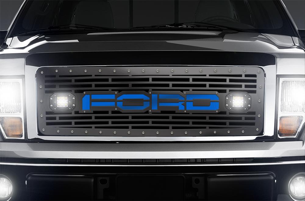 1 Piece Steel Grille for Ford F150 2009-2014 - FORD + LED Light Pods + Blue Acrylic-atv motorcycle utv parts accessories gear helmets jackets gloves pantsAll Terrain Depot