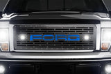 1 Piece Steel Grille for Ford F150 2009-2014 - FORD + LED Light Pods + Blue Acrylic