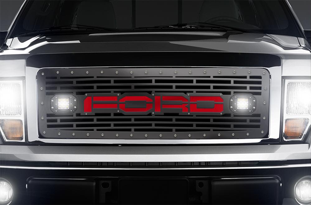 1 Piece Steel Grille for Ford F150 2009-2014 - FORD + LED Light Pods + Red Acrylic-atv motorcycle utv parts accessories gear helmets jackets gloves pantsAll Terrain Depot