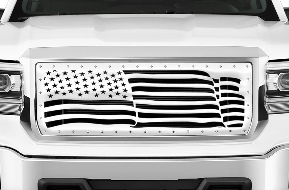 1 Piece Steel Grille for GMC Sierra & Sierra Denali 2014-2015 - AMERICAN FLAG WAVE w/ STEEL FINISH-atv motorcycle utv parts accessories gear helmets jackets gloves pantsAll Terrain Depot