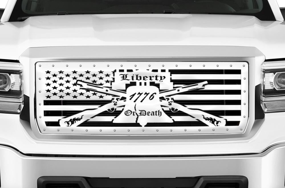 1 Piece Steel Grille for GMC Sierra & Sierra Denali 2014-2015 - LIBERTY OR DEATH w/ STEEL FINISH-atv motorcycle utv parts accessories gear helmets jackets gloves pantsAll Terrain Depot