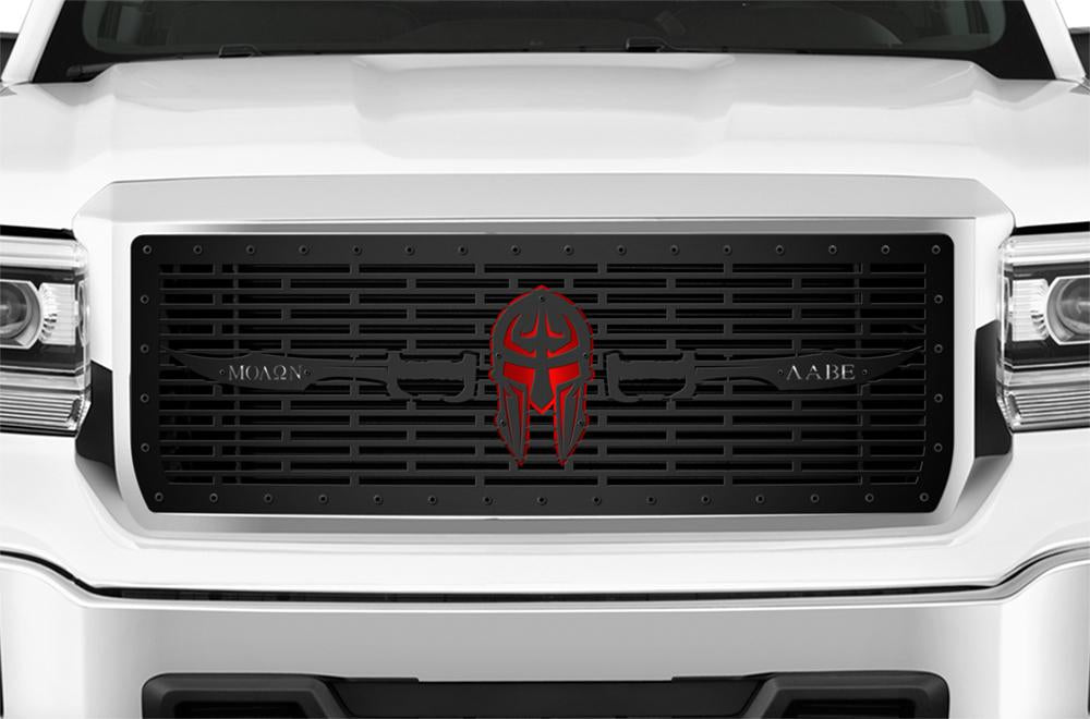 1 Piece Steel Grille for GMC Sierra & Sierra Denali 2014-2015 - MOLON LABE w/ RED ACRYLIC and STAINLESS STEEL UNDERLAY-atv motorcycle utv parts accessories gear helmets jackets gloves pantsAll Terrain Depot