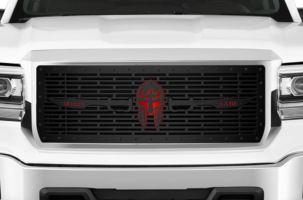 1 Piece Steel Grille for GMC Sierra & Sierra Denali 2014-2015 - MOLON LABE w/ RED ACRYLIC UNDERLAY-atv motorcycle utv parts accessories gear helmets jackets gloves pantsAll Terrain Depot