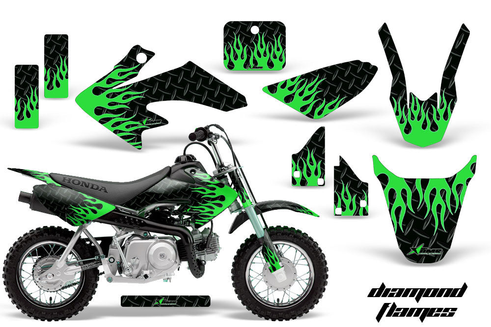 Dirt Bike Graphics Kit Decal Wrap For Honda CRF50 CRF 50 2004-2013 DIAMOND FLAMES GREEN BLACK-atv motorcycle utv parts accessories gear helmets jackets gloves pantsAll Terrain Depot