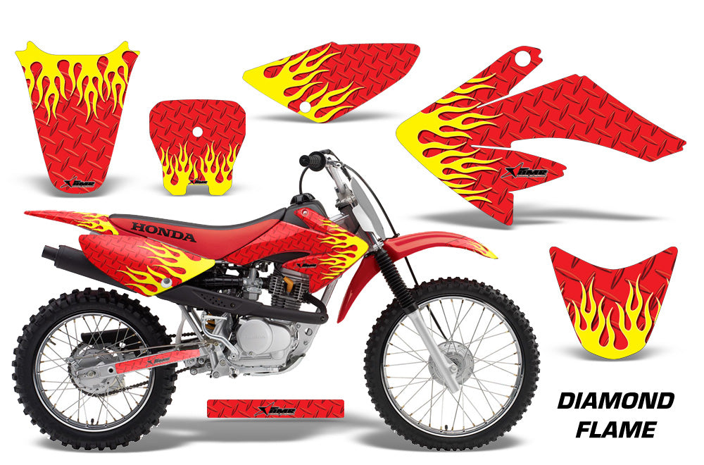 Dirt Bike Graphics Kit Decal Sticker Wrap For Honda CRF70 2004-2015 DIAMOND FLAMES YELLOW RED-atv motorcycle utv parts accessories gear helmets jackets gloves pantsAll Terrain Depot