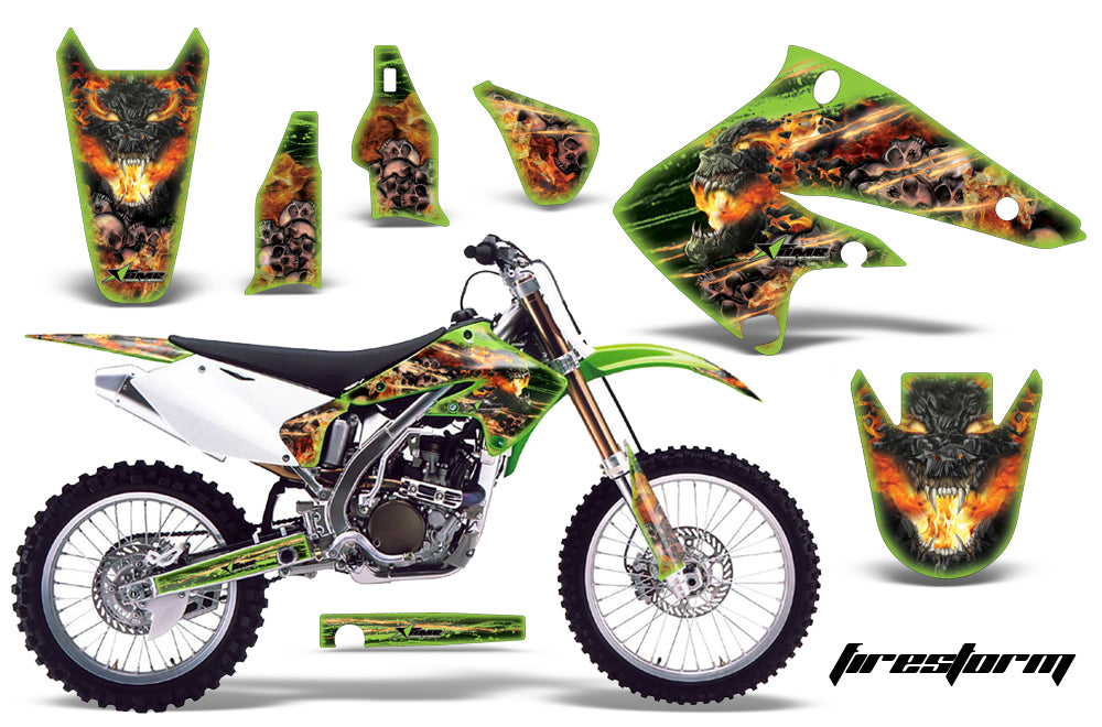 Dirt Bike Graphics Kit Decal Sticker Wrap For Kawasaki KX250F 2004-2005 FIRESTORM GREEN-atv motorcycle utv parts accessories gear helmets jackets gloves pantsAll Terrain Depot