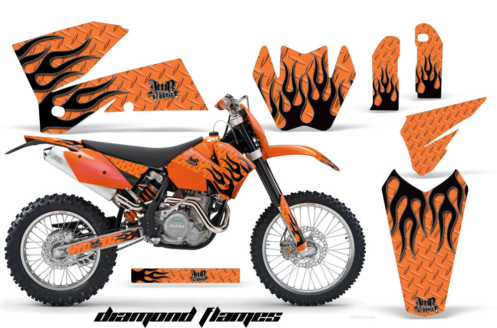 Dirt Bike Decal Graphic Kit Wrap For KTM EXC/SX/MXC/SMR/XCF-W 2005-2007 DIAMOND FLAMES BLACK ORANGE-atv motorcycle utv parts accessories gear helmets jackets gloves pantsAll Terrain Depot