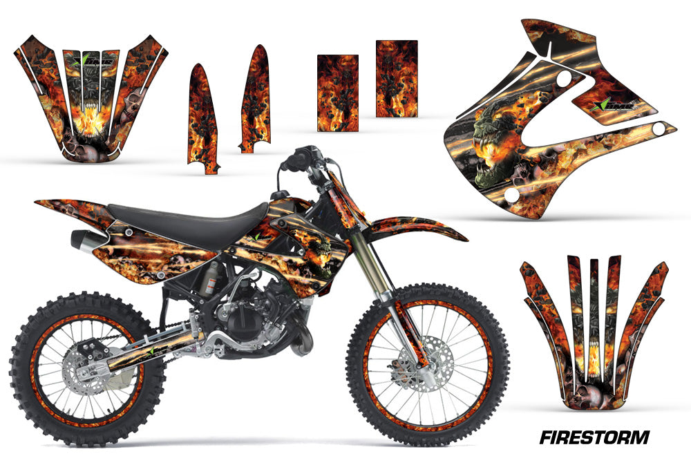 Graphics Kit Decal Wrap + # Plates For Kawasaki KX85 KX100 2001-2013 FIRESTORM BLACK-atv motorcycle utv parts accessories gear helmets jackets gloves pantsAll Terrain Depot