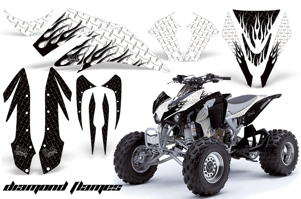 ATV Graphics Kit Quad Decal Sticker Wrap For Kawasaki KFX450R 2008-2014 DIAMOND FLAMES WHITE BLACK-atv motorcycle utv parts accessories gear helmets jackets gloves pantsAll Terrain Depot