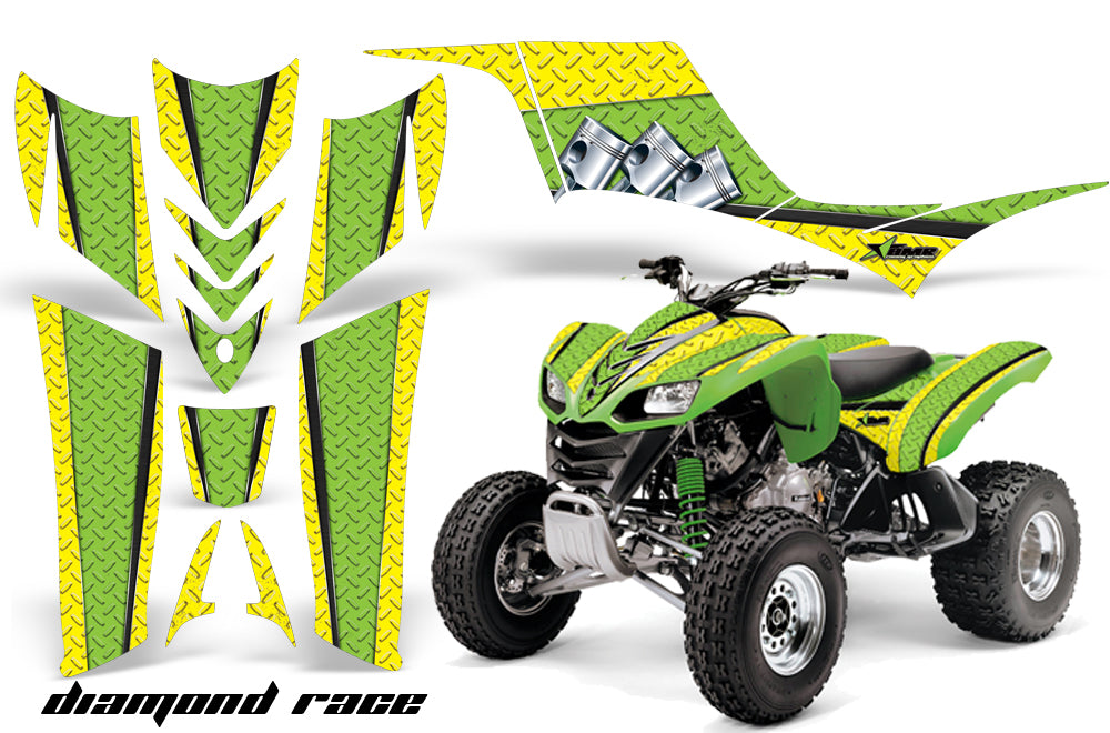 ATV Graphics Kit Quad Decal Sticker Wrap For Kawasaki KFX700 2003-2009 DIAMOND RACE GREEN YELLOW-atv motorcycle utv parts accessories gear helmets jackets gloves pantsAll Terrain Depot