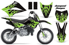 Dirt Bike Graphics Kit Decal Sticker Wrap For Kawasaki KLX110L 2010-2016 DIAMOND FLAMES GREEN BLACK-atv motorcycle utv parts accessories gear helmets jackets gloves pantsAll Terrain Depot