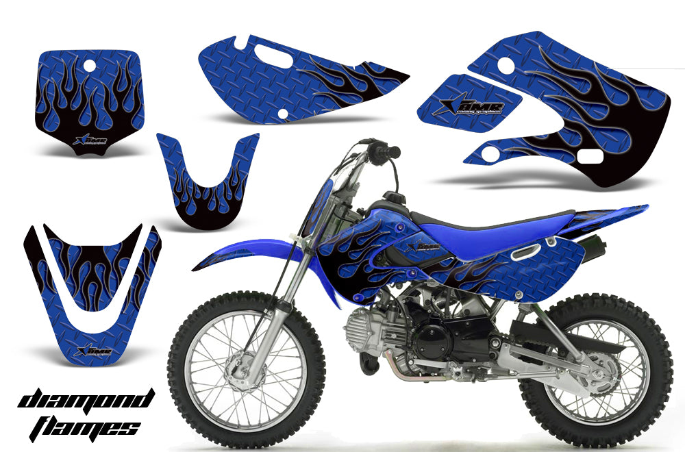 Decal Graphic Kit Wrap For Kawasaki KLX 110 2002-2009 KX 65 2002-2018 DIAMOND FLAMES BLACK BLUE-atv motorcycle utv parts accessories gear helmets jackets gloves pantsAll Terrain Depot