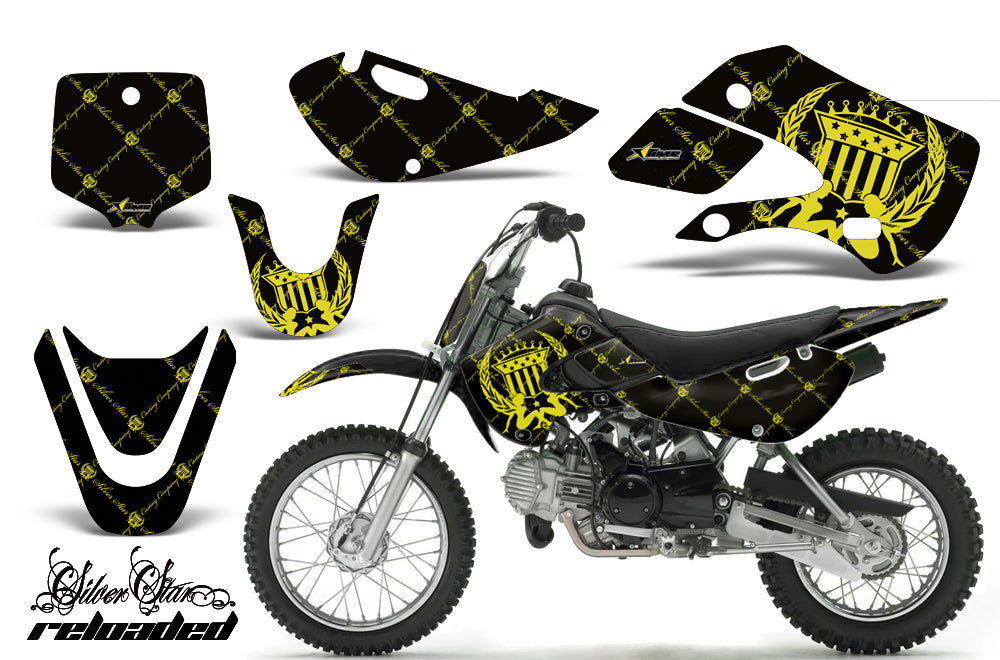 Decal Graphic Kit Wrap For Kawasaki KLX 110 2002-2009 KX 65 2002-2018 RELOADED YELLOW BLACK-atv motorcycle utv parts accessories gear helmets jackets gloves pantsAll Terrain Depot