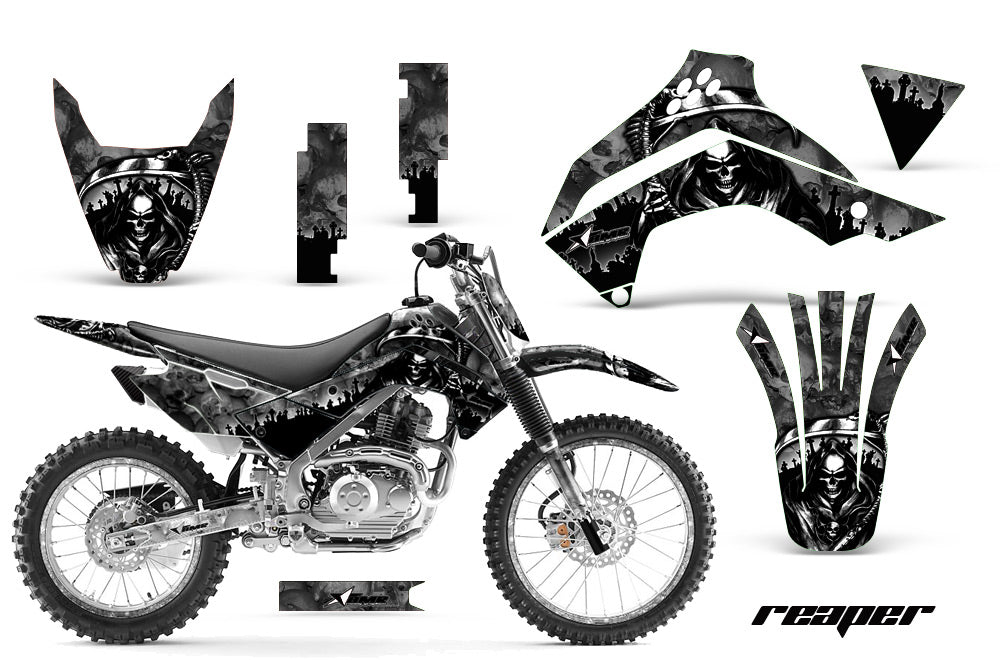 Graphics Kit Decal Sticker Wrap + # Plates For Kawasaki KLX140 2008-2018 REAPER BLACK-atv motorcycle utv parts accessories gear helmets jackets gloves pantsAll Terrain Depot