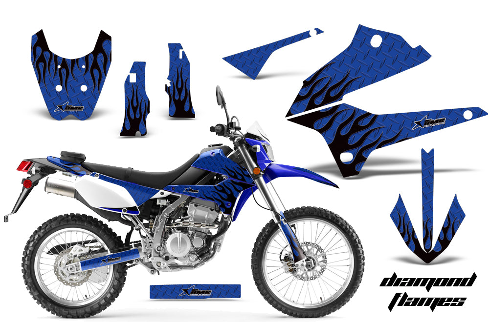 Dirt Bike Decals Graphics Kit Sticker Wrap For Kawasaki KLX250 2008-2018 DIAMOND FLAMES BLACK BLUE-atv motorcycle utv parts accessories gear helmets jackets gloves pantsAll Terrain Depot