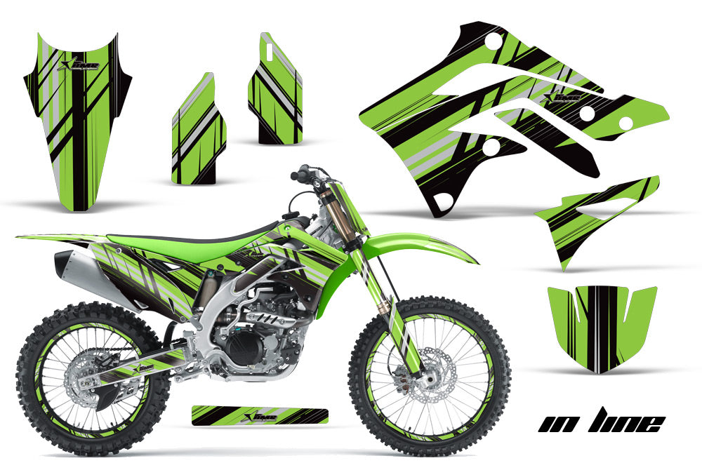 Graphics Kit Dedcal Sticker Wrap + # Plates For Kawasaki KXF450 2012-2015 INLINE BLACK GREEN-atv motorcycle utv parts accessories gear helmets jackets gloves pantsAll Terrain Depot
