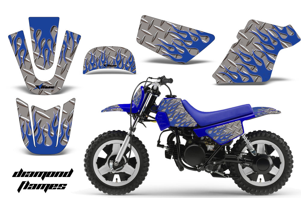 Dirt Bike Graphics Kit MX Decal Wrap For Yamaha PW50 PW 50 1990-2019 DIAMOND FLAMES BLUES SILVER-atv motorcycle utv parts accessories gear helmets jackets gloves pantsAll Terrain Depot