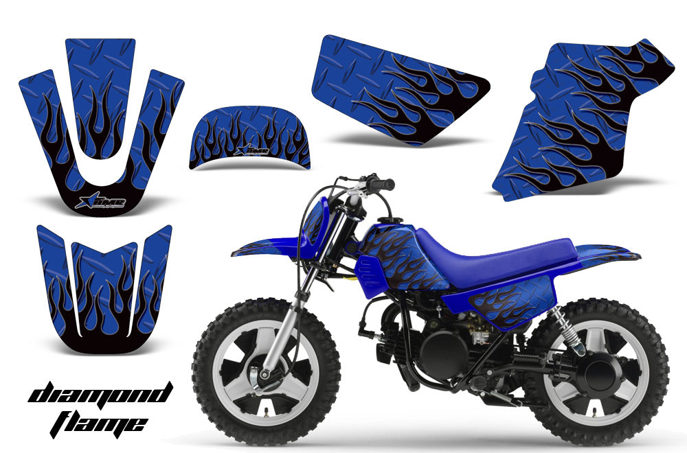 Dirt Bike Graphics Kit MX Decal Wrap For Yamaha PW50 PW 50 1990-2019 DIAMOND FLAMES BLACK BLUE-atv motorcycle utv parts accessories gear helmets jackets gloves pantsAll Terrain Depot