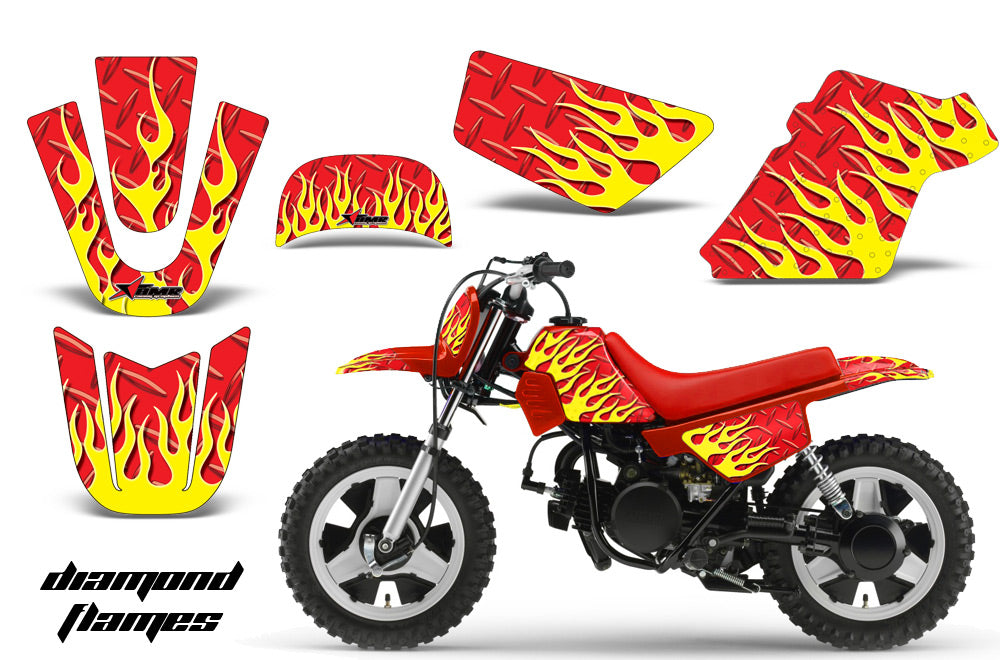 Dirt Bike Graphics Kit MX Decal Wrap For Yamaha PW50 PW 50 1990-2019 DIAMOND FLAMES YELLOW RED-atv motorcycle utv parts accessories gear helmets jackets gloves pantsAll Terrain Depot